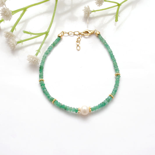 Natural 3mm Emerald & 6mmFreshwater Pearl Beaded 8" Bracelet - view 3