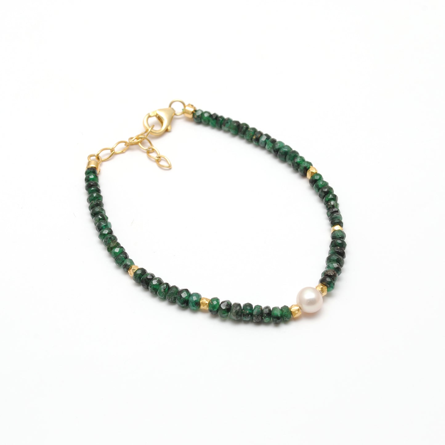 Natural Emerald & Pearl Beaded Bracelet – 4mm Faceted Emerald Rondelles & 6mm Pearls