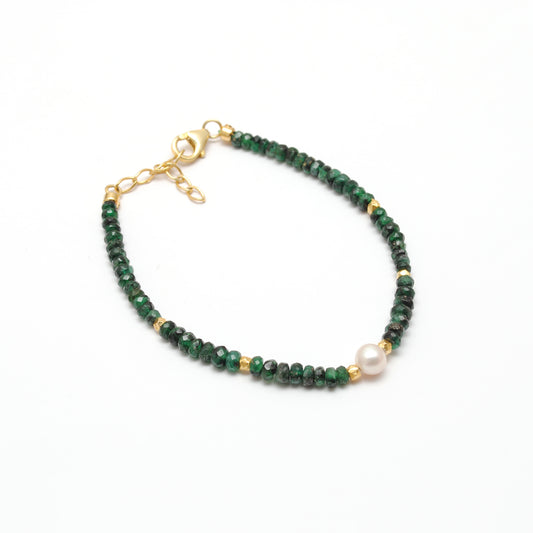 Natural Emerald & Pearl Beaded Bracelet – 4mm Faceted Emerald Rondelles & 6mm Pearls - view 3