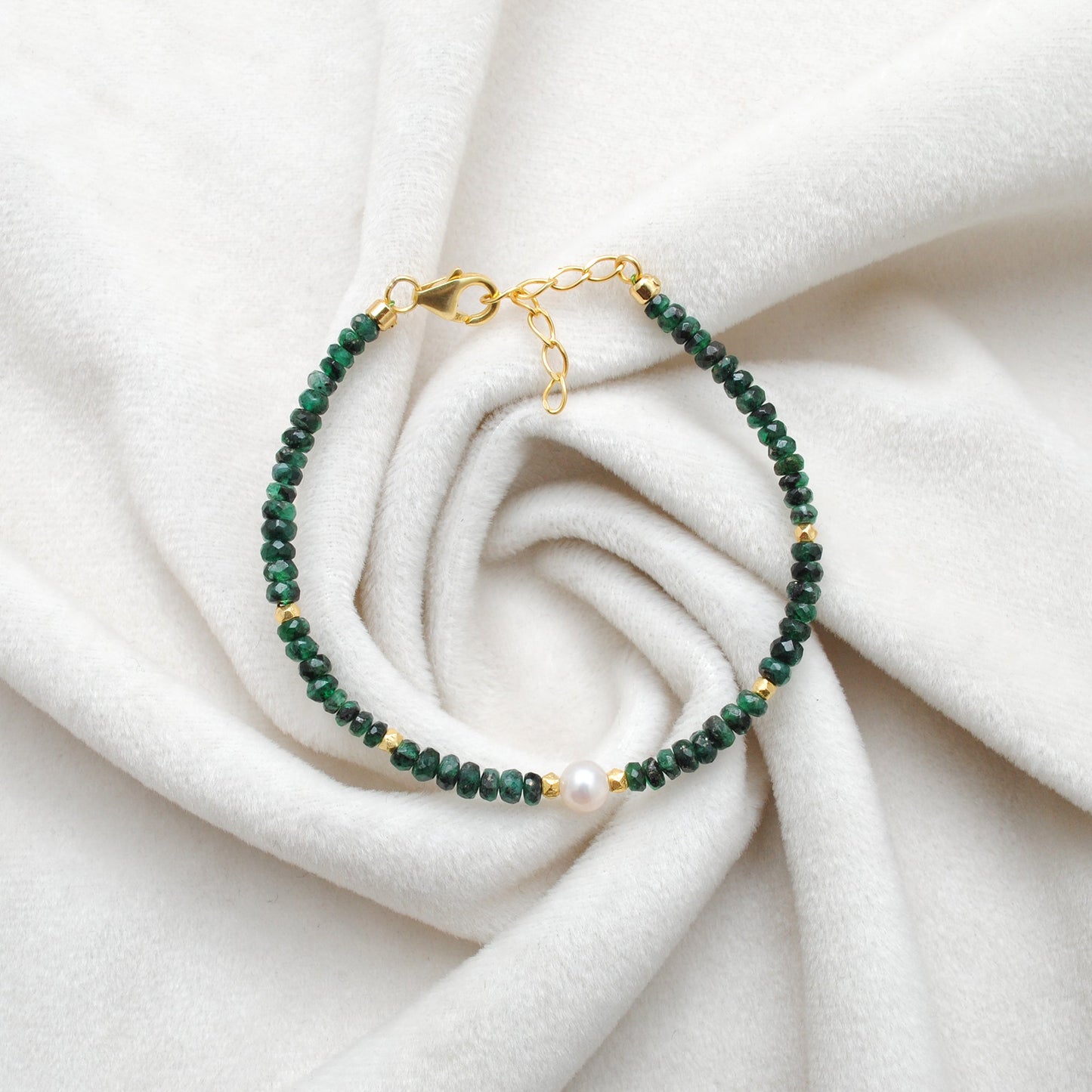 925 Sterling Silver Emerald & Pearl Beaded Bracelet