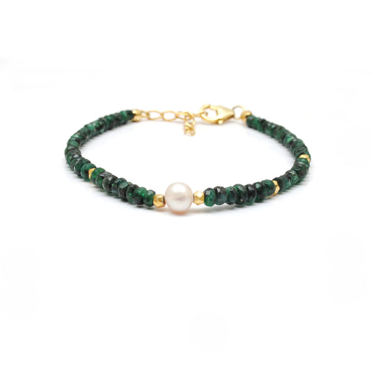 Natural Emerald & Pearl Beaded Bracelet – 4mm Faceted Emerald Rondelles & 6mm Pearls