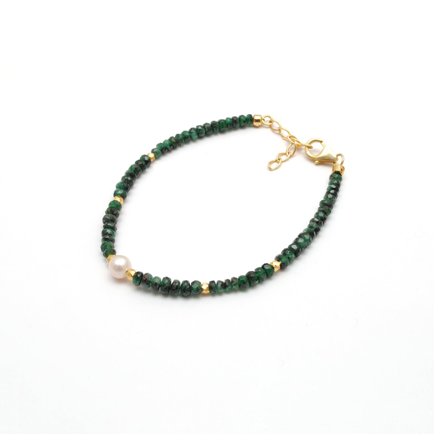 Natural Emerald & Pearl Beaded Bracelet – 4mm Faceted Emerald Rondelles & 6mm Pearls