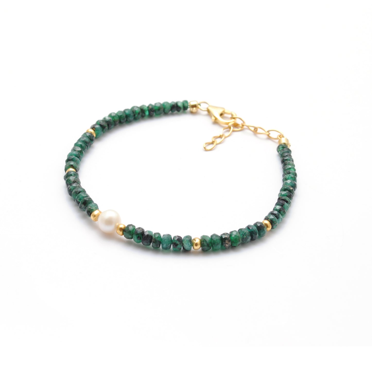 4mm Natural Emerald & 6mm Freshwater Pearl Beaded 8" Bracelet