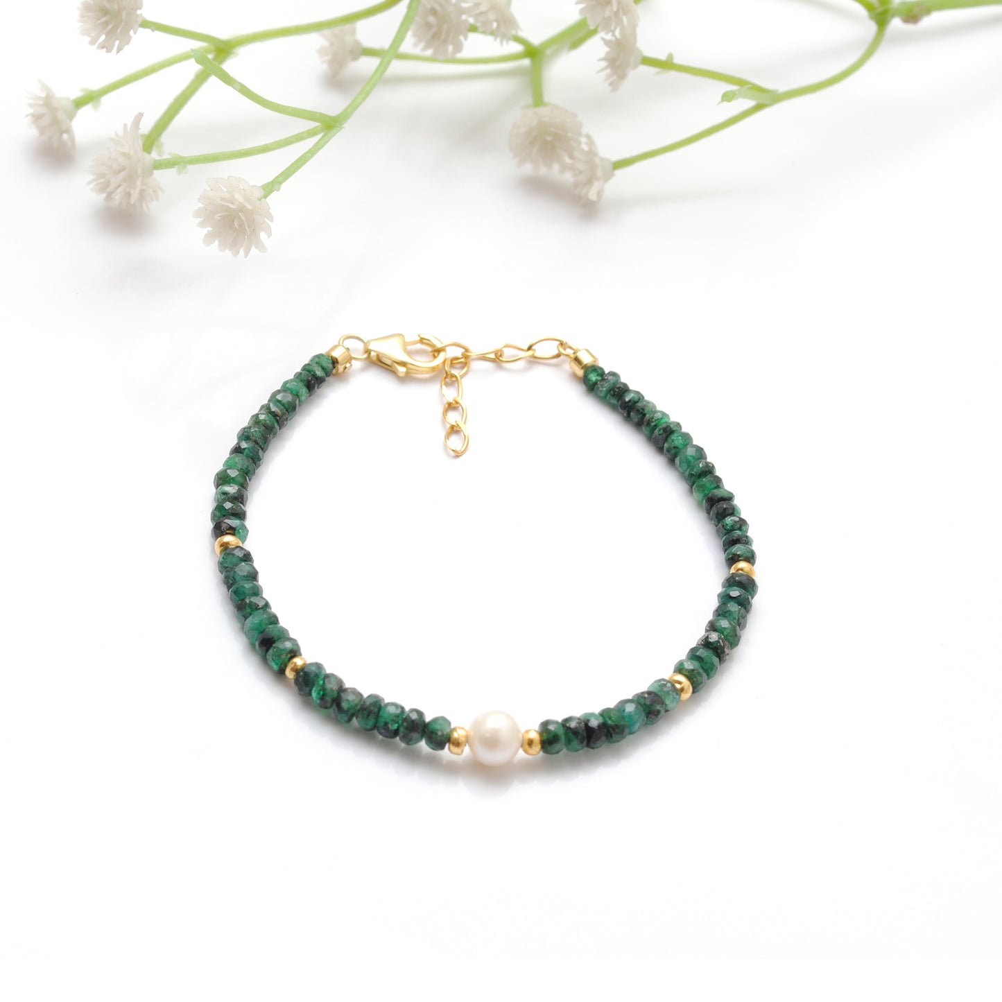 4mm Natural Emerald & 6mm Freshwater Pearl Beaded 8" Bracelet