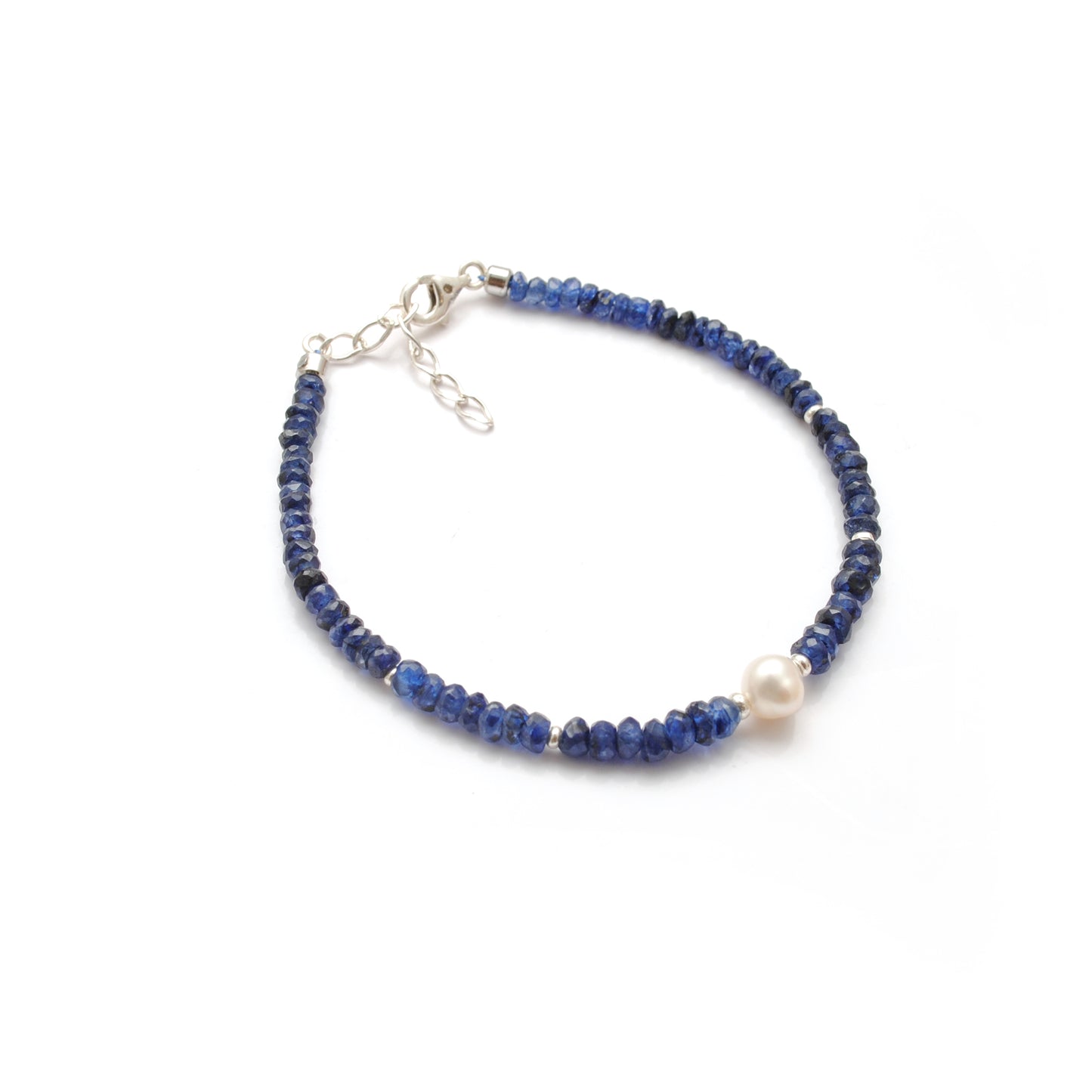Natural 4mm Blue Sapphire & 6mm Pearl Beaded 8" Silver Bracelet
