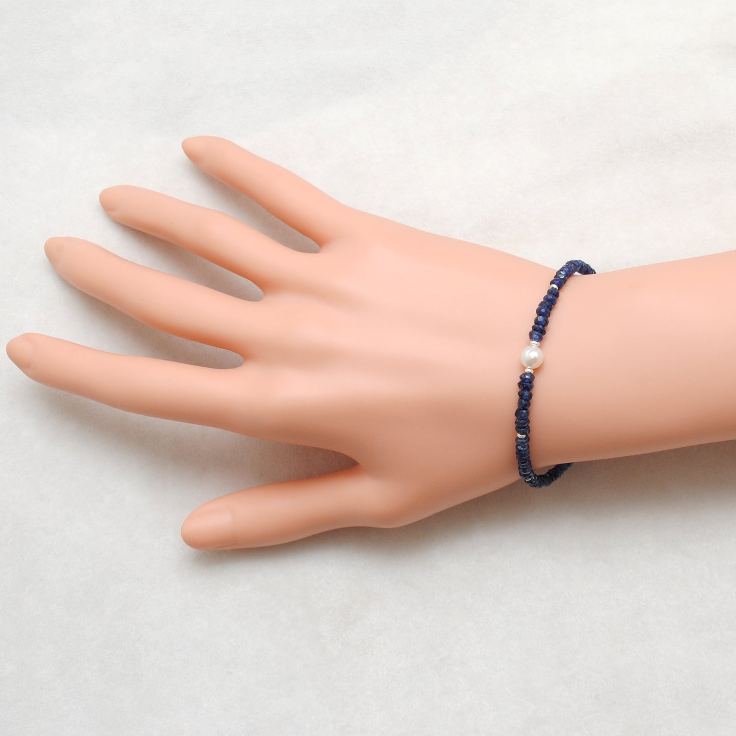 Natural 4mm Blue Sapphire & 6mm Pearl Beaded 8" Silver Bracelet