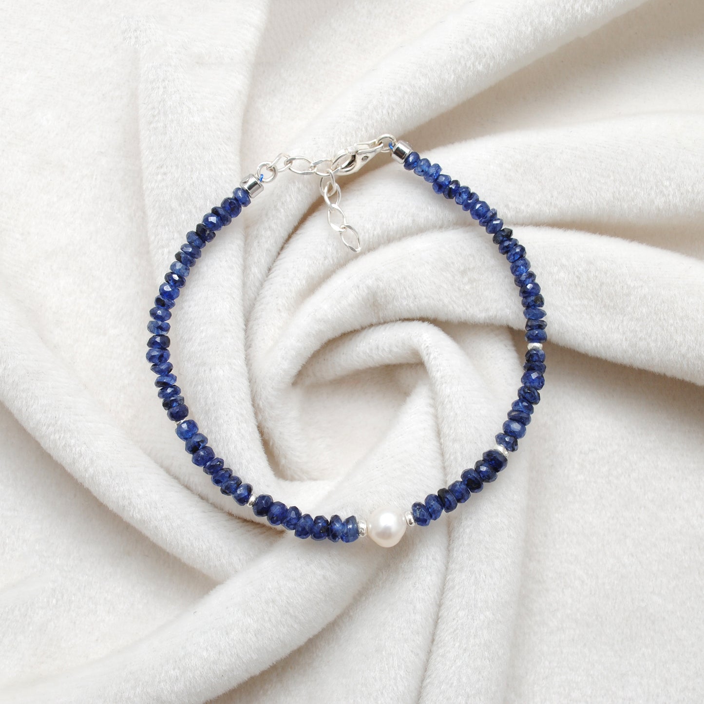 Natural 4mm Blue Sapphire & 6mm Pearl Beaded 8" Silver Bracelet