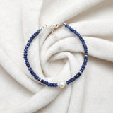 Natural 4mm Blue Sapphire & 6mm Pearl Beaded 8" Silver Bracelet