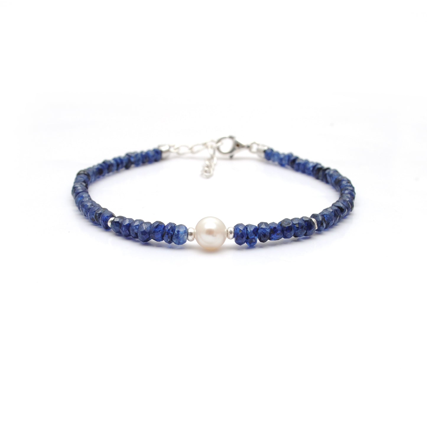 Natural 4mm Blue Sapphire & 6mm Pearl Beaded 8" Silver Bracelet