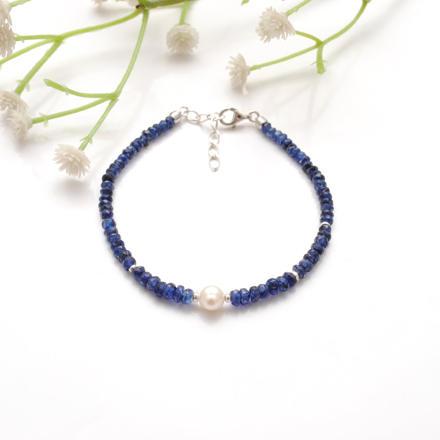 Natural 4mm Blue Sapphire & 6mm Pearl Beaded 8" Silver Bracelet