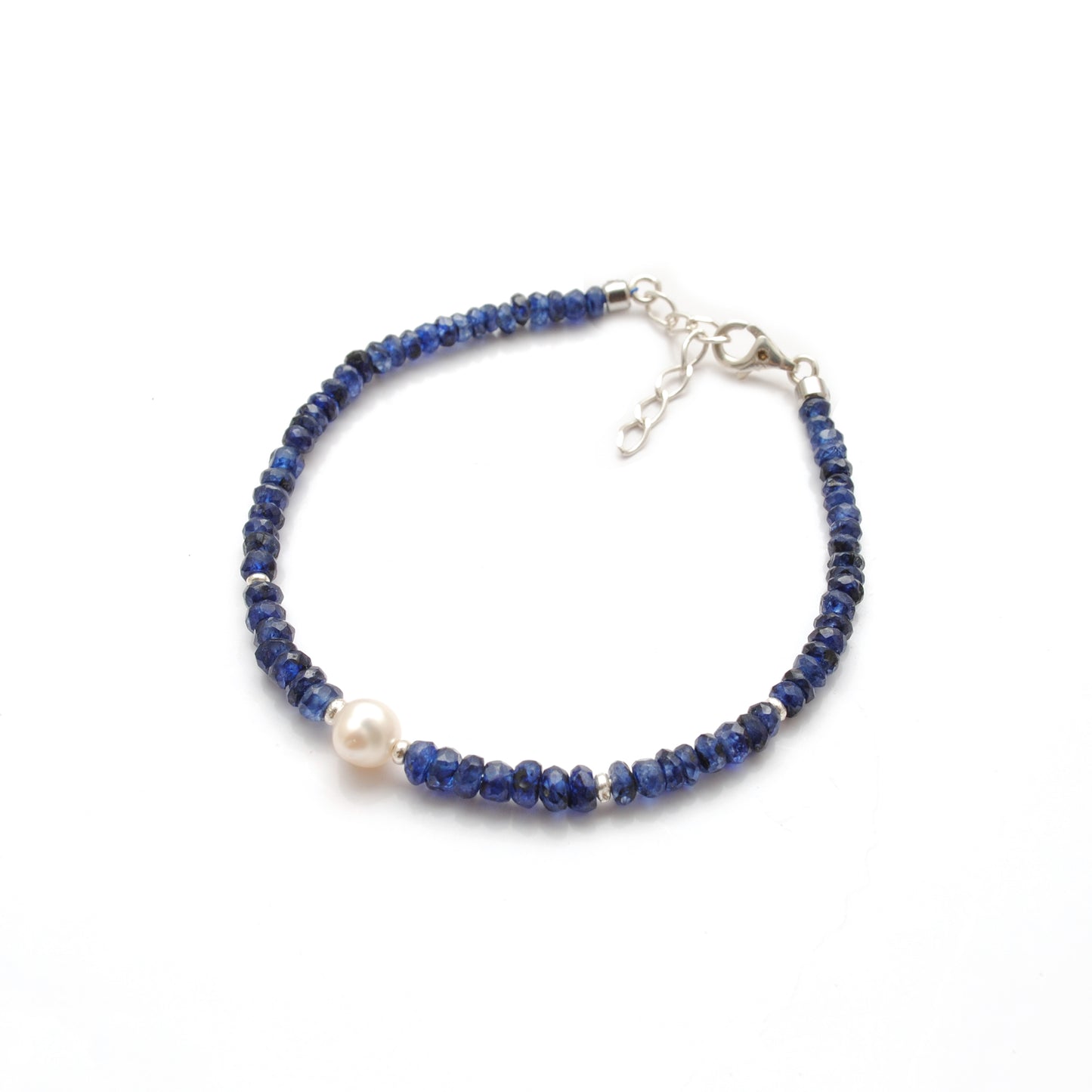 Natural 4mm Blue Sapphire & 6mm Pearl Beaded 8" Silver Bracelet