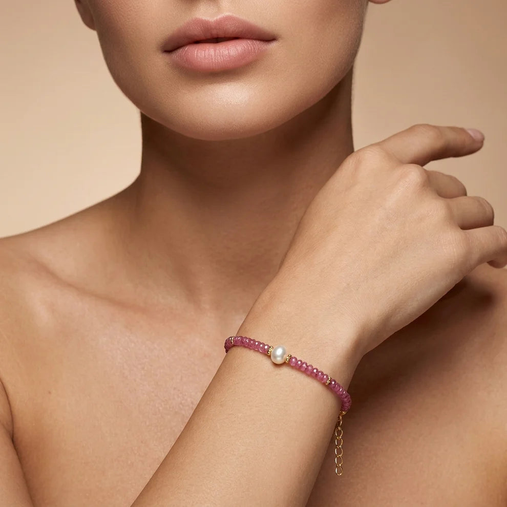 925 Sterling Silver Natural Ruby Beaded Bracelet – Elegant Gift for Her