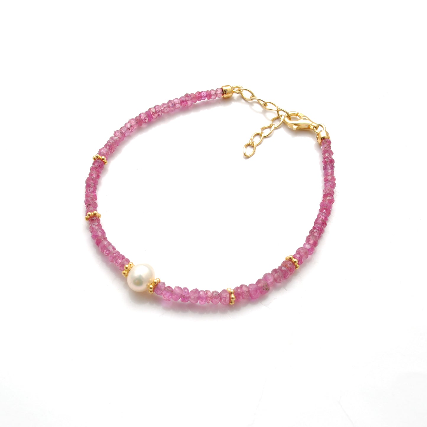 Natural 3.5mm Ruby & 6.5mm Pearl 925 Silver Beaded 8" Bracelet