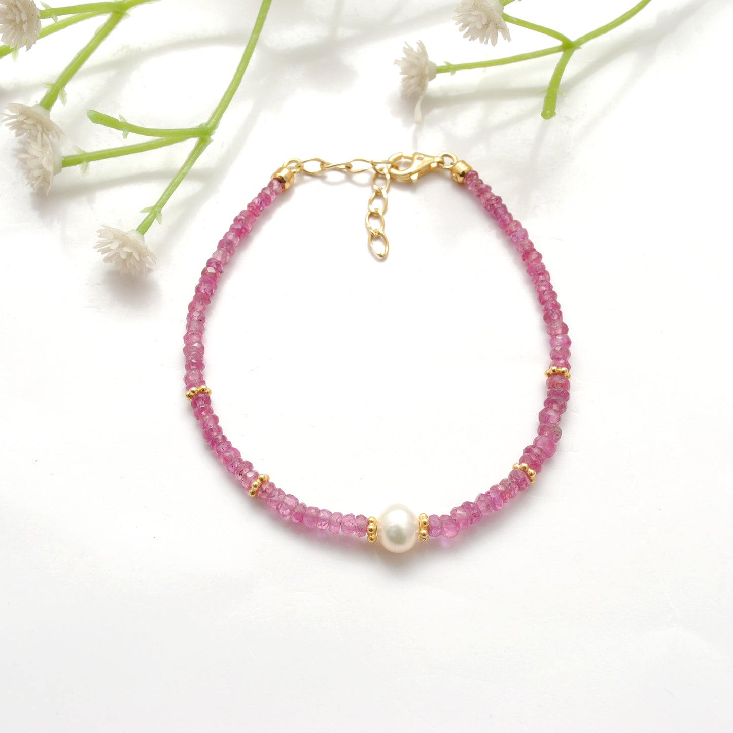 Natural 3.5mm Ruby & 6.5mm Pearl 925 Silver Beaded 8" Bracelet