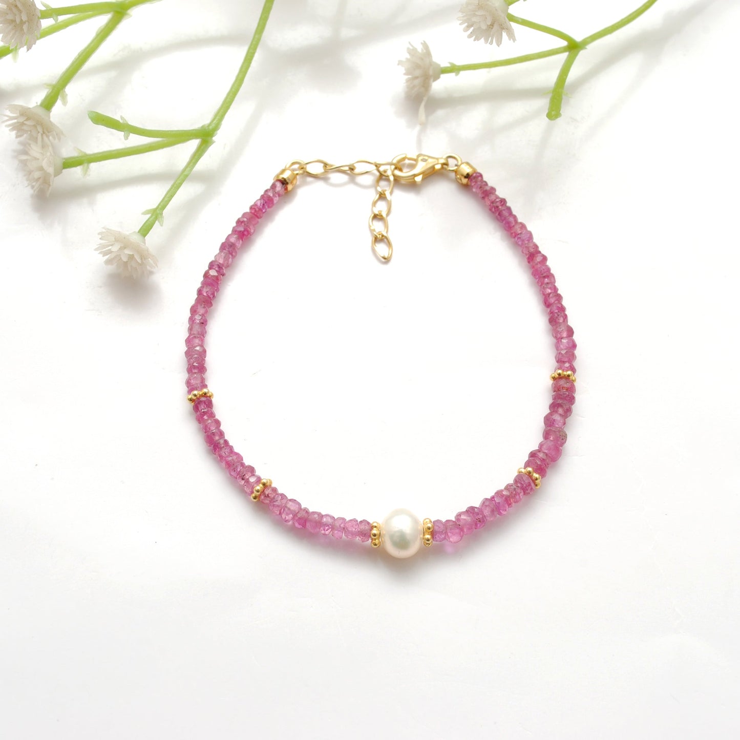 925 Sterling Silver Natural Ruby Beaded Bracelet – Elegant Gift for Her