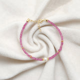 Natural 3.5mm Ruby & 6.5mm Pearl 925 Silver Beaded 8" Bracelet