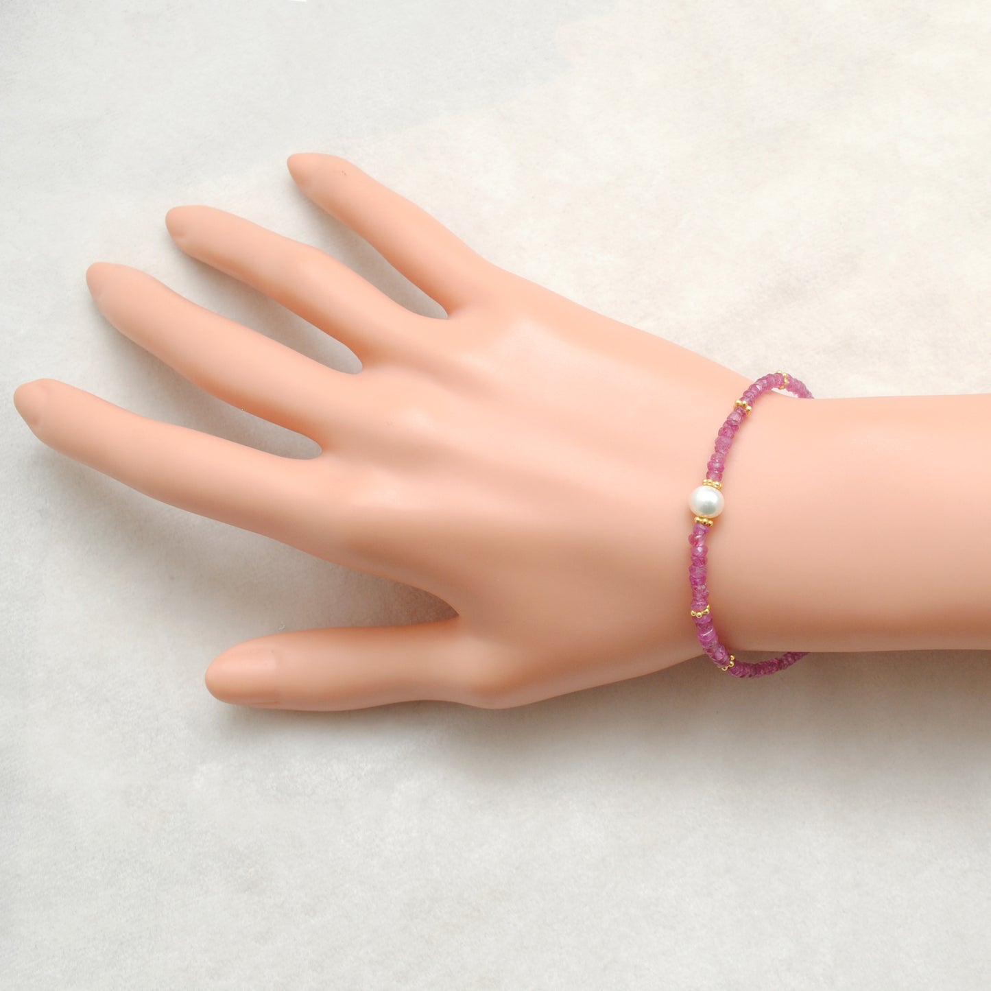 Natural 3.5mm Ruby & 6.5mm Pearl 925 Silver Beaded 8" Bracelet