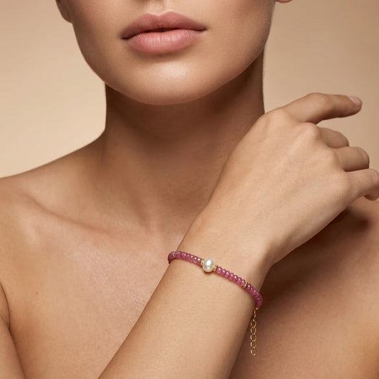 925 Sterling Silver Natural Ruby Beaded Bracelet – Elegant Gift for Her