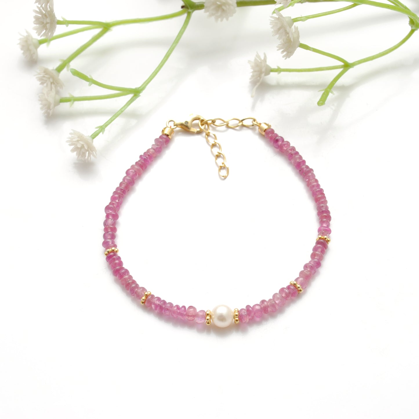 Natural 4mm Ruby & 6mm Freshwater Pearl Beaded 8" Bracelet