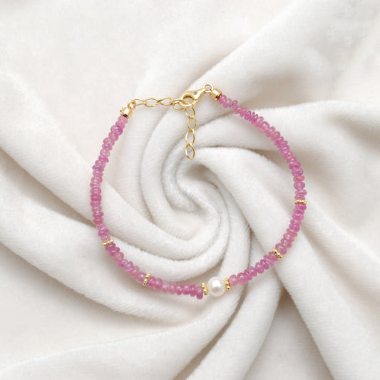 Natural 4mm Ruby & 6mm Freshwater Pearl Beaded 8" Bracelet