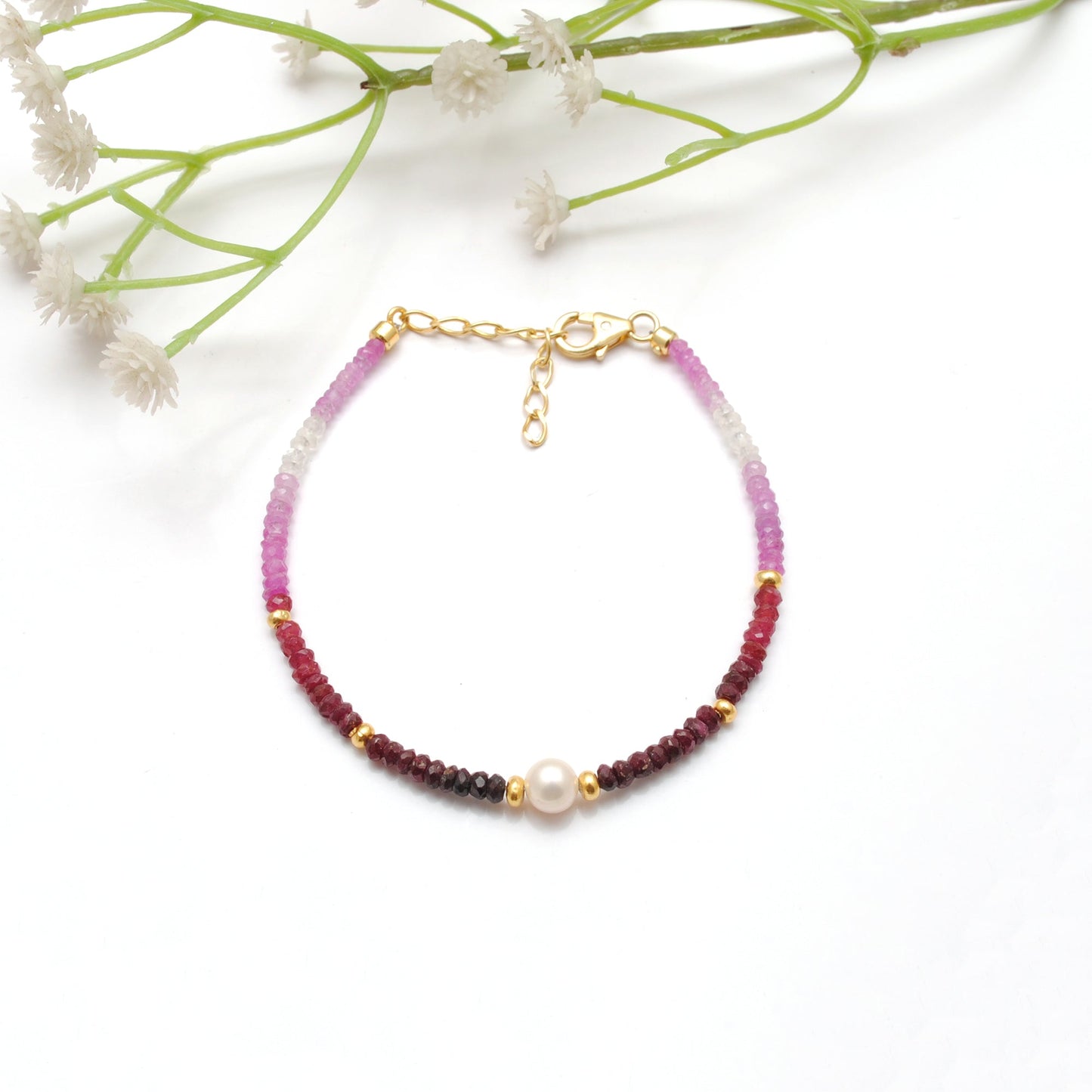 Shaded Ruby Pearl Bracelet, Gold-Plated 925 Sterling Silver, Handmade Gemstone Jewelry