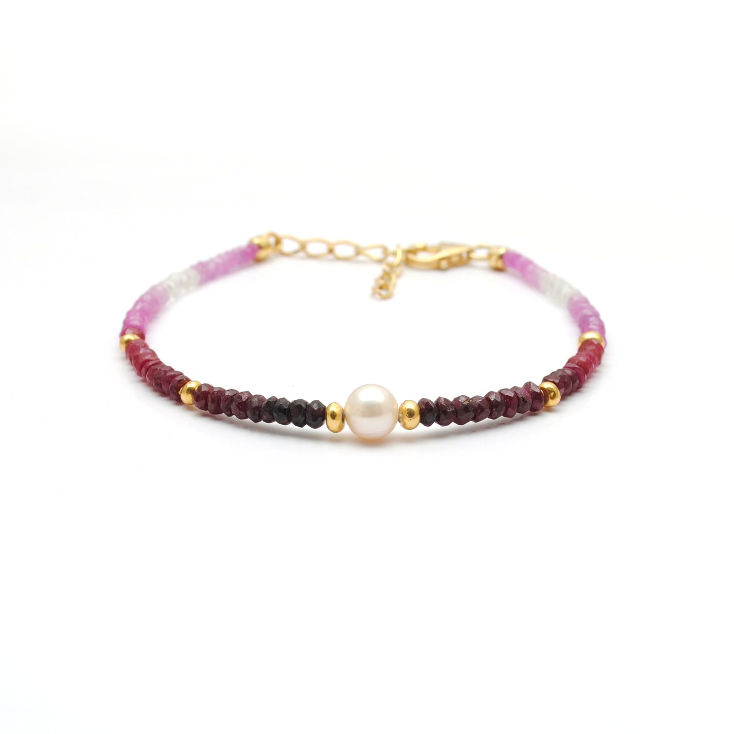 925 Silver 3mm Natural Shaded Ruby & 6mm Pearl 8" Bracelet