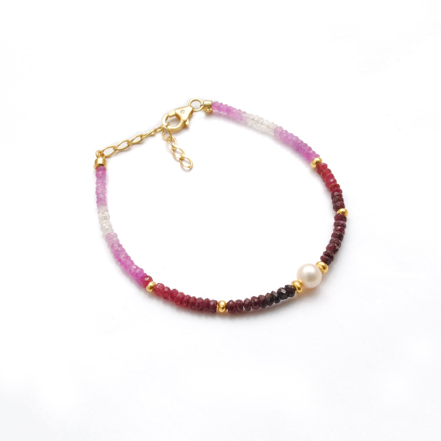 925 Silver 3mm Natural Shaded Ruby & 6mm Pearl 8" Bracelet