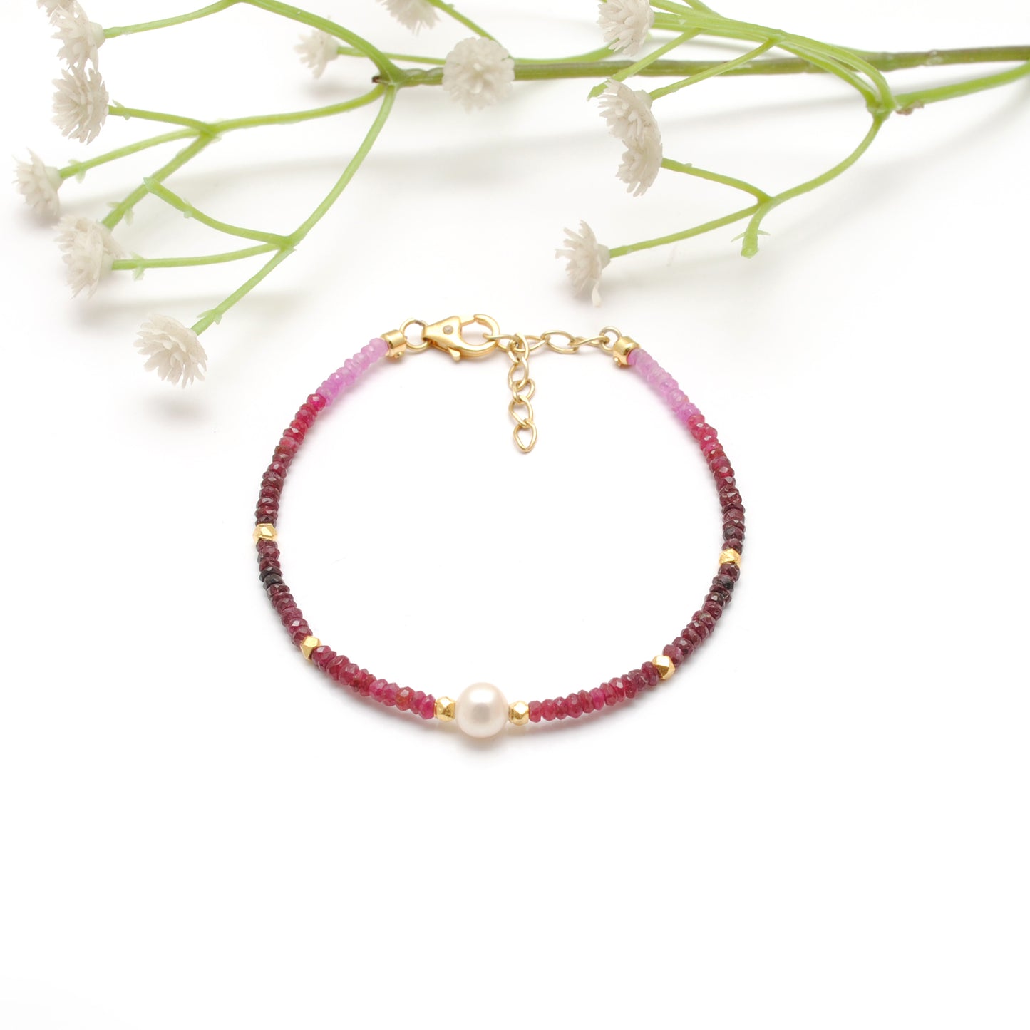 8" Natural Ruby & Freshwater Pearl Silver Bracelet – 3mm Faceted Ruby Beads