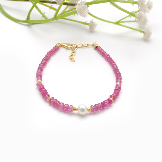 925 Silver 4.5mm Natural Ruby & 6mm Freshwater Pearl 8" Bracelet