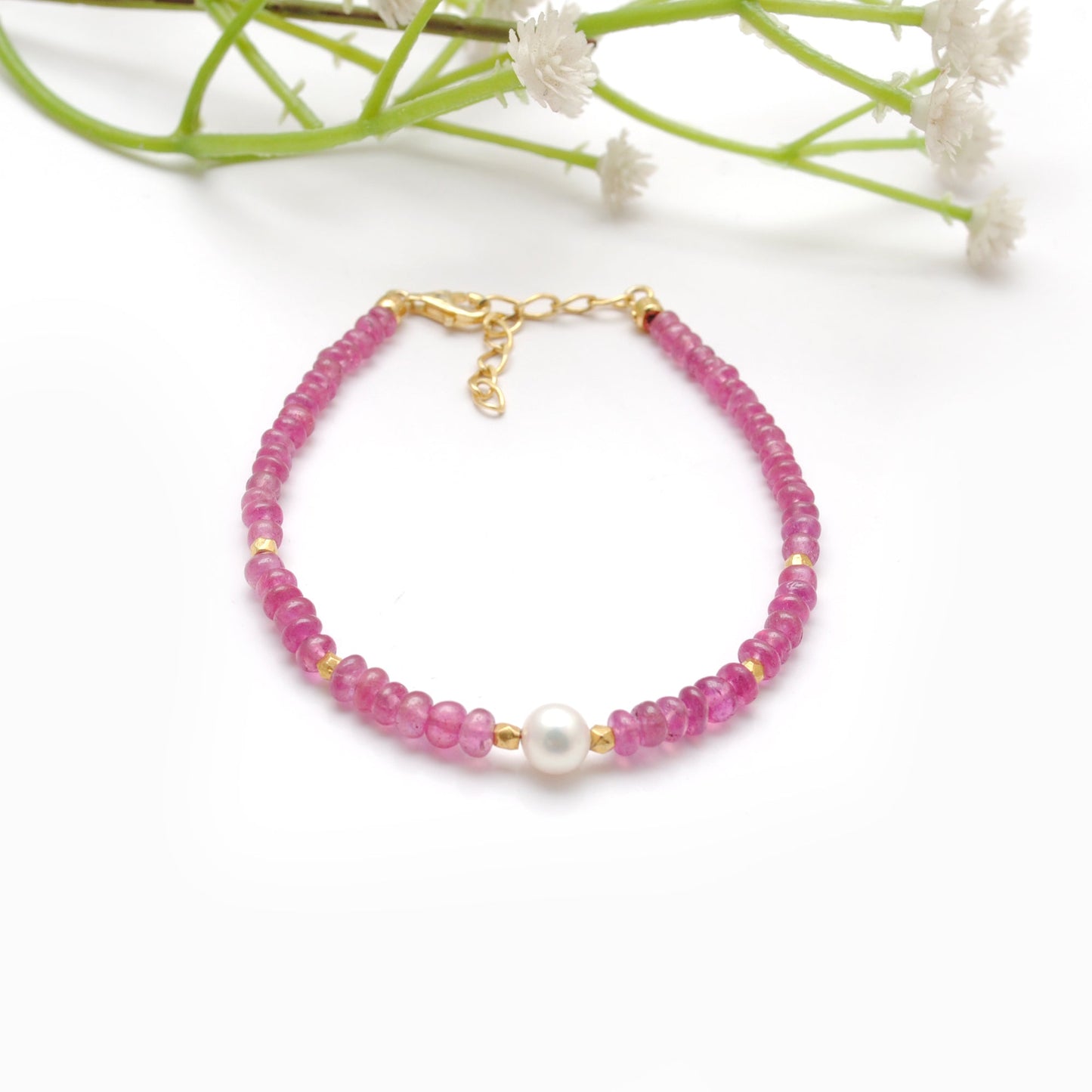 925 Sterling Silver Ruby & Pearl Bracelet, Beaded Gemstone Jewelry