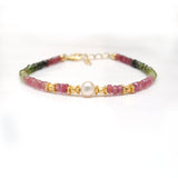 Natural Multi Tourmaline & Pearl  with 925 Silver Bracelet