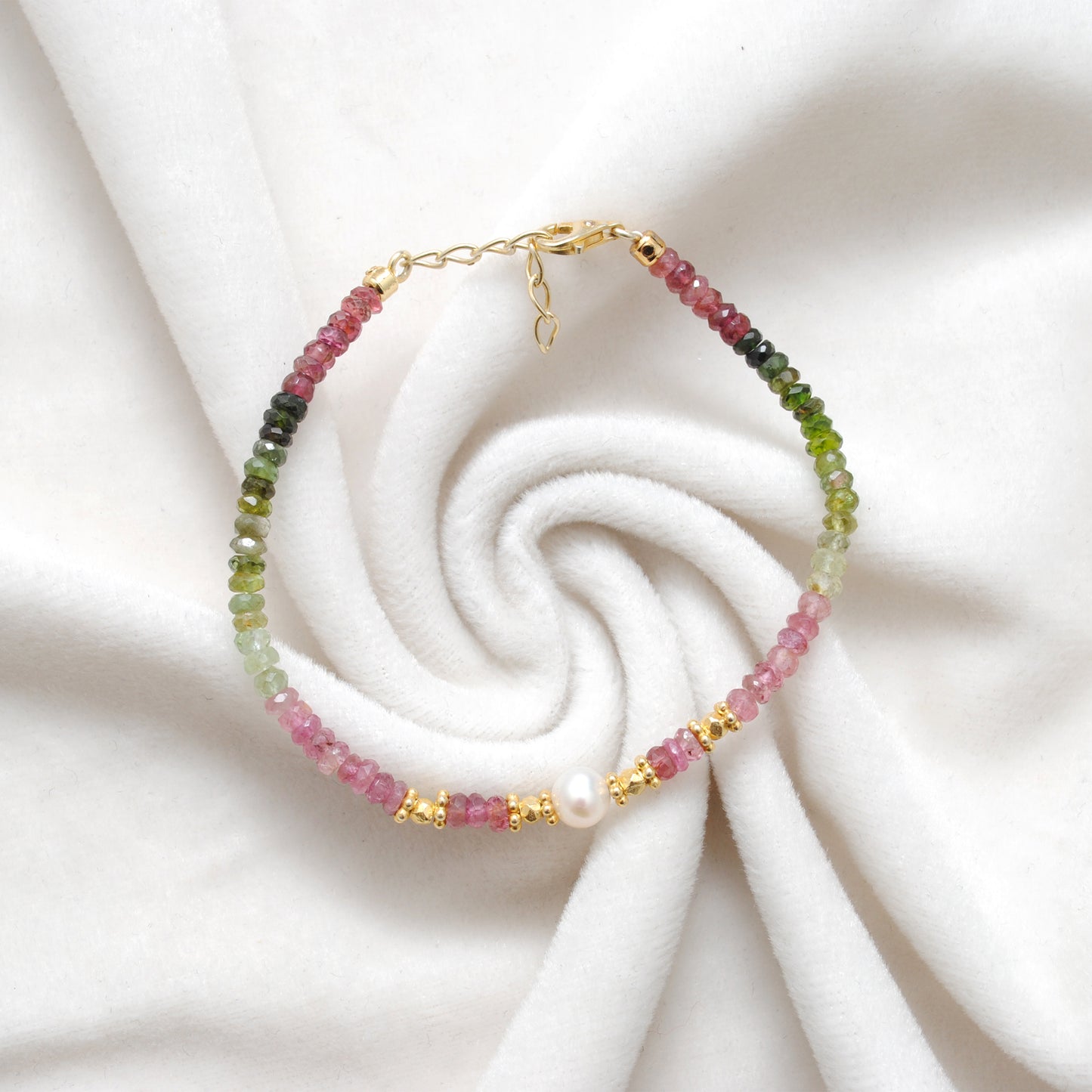 Natural Multi Tourmaline & Pearl  with 925 Silver Bracelet