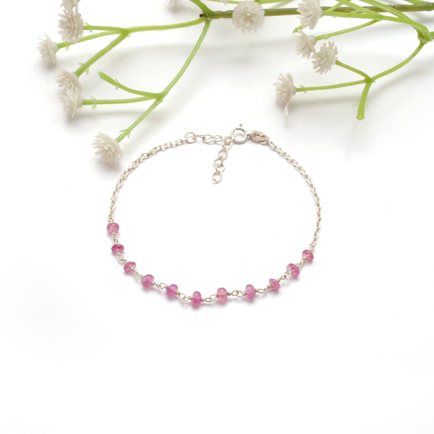 925 Sterling Silver Natural Ruby Beaded Bracelet –  Minimalist Gift for Her