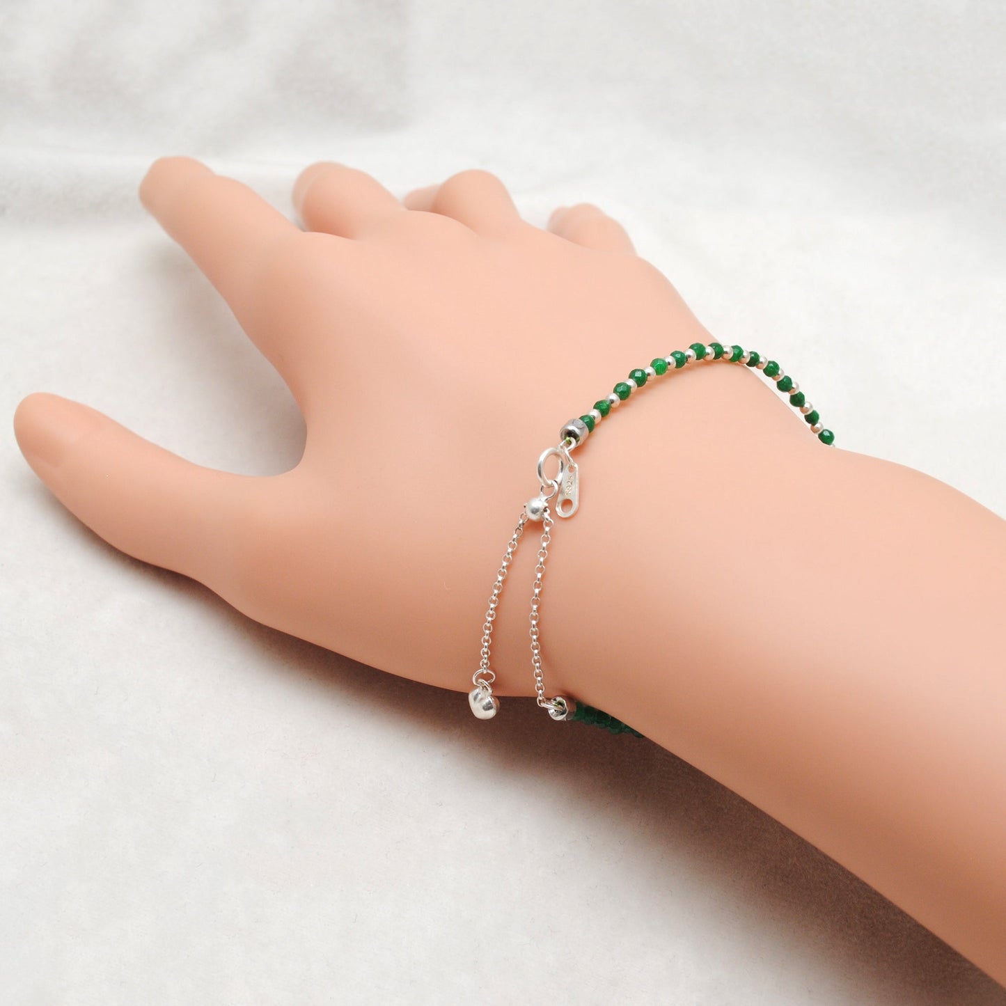 925 Sterling Silver Green Onyx Beaded Bracelet – Tiny Charm Jewelry Gift for Her