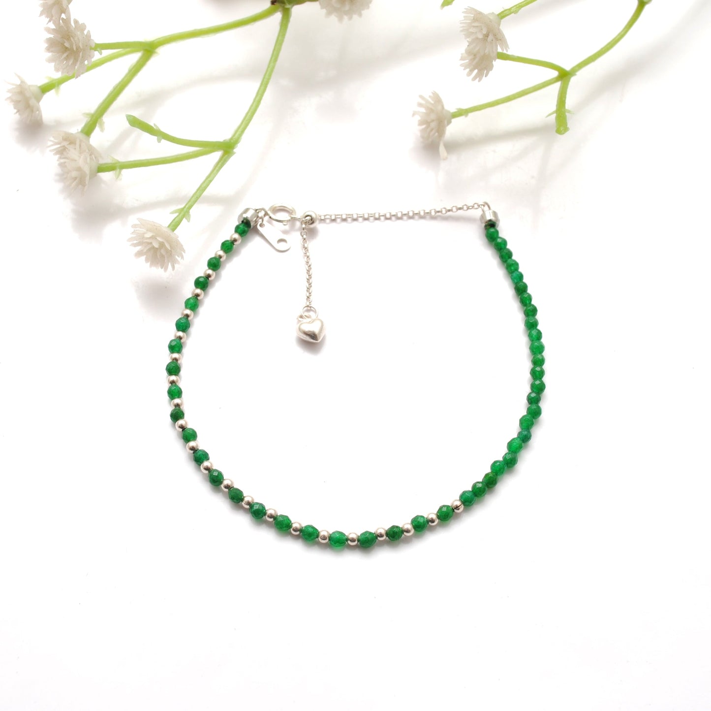 925 Sterling Silver Green Onyx Beaded Bracelet – Tiny Charm Jewelry Gift for Her