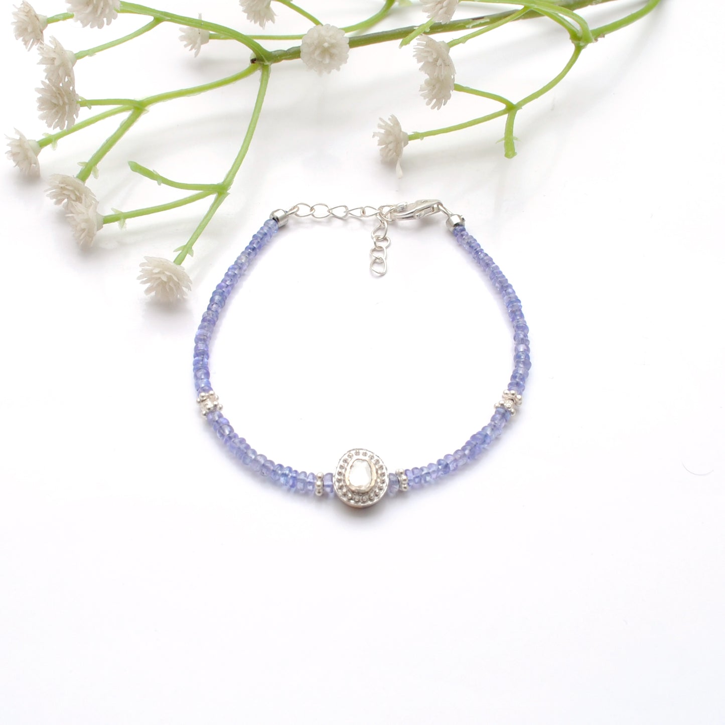 8" Natural Tanzanite & Diamond 925 Silver – Handmade Bracelet