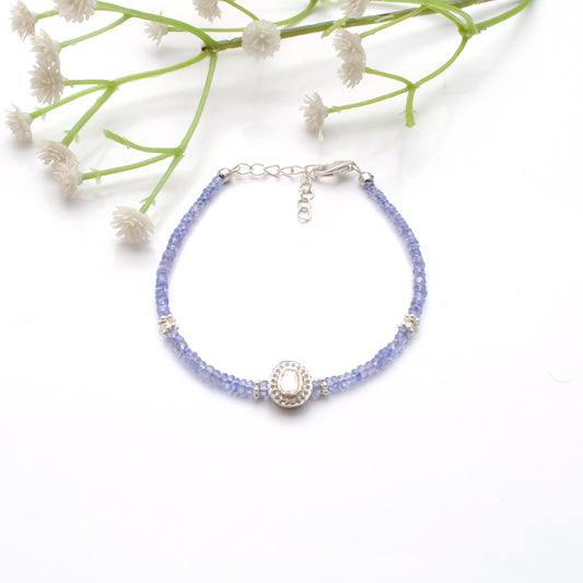 8" Natural Tanzanite & Diamond 925 Silver – Handmade Bracelet