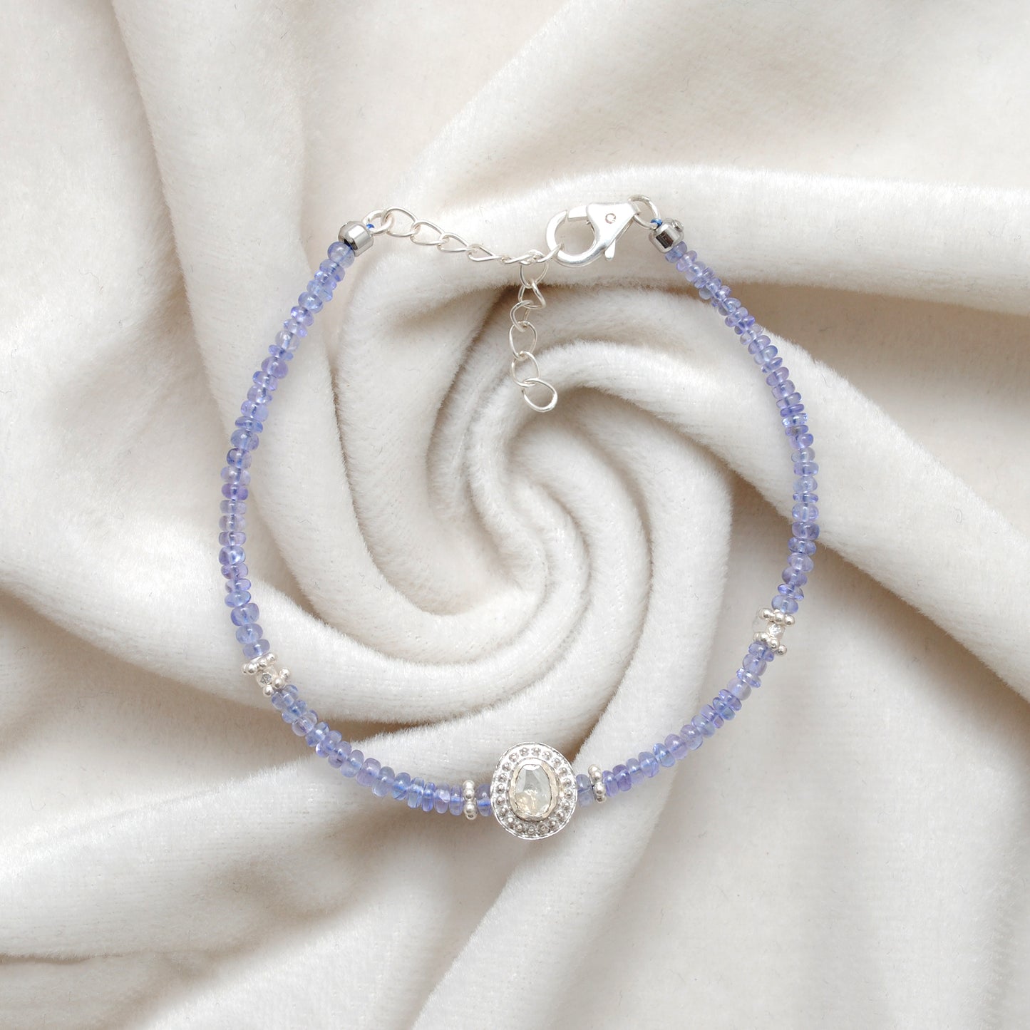 8" Natural Tanzanite & Diamond 925 Silver – Handmade Bracelet