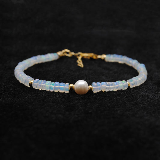 925 Silver 8 Inch Bracelet with 4mm Natural Ethiopian Opal & 6mm Freshwater Pearl