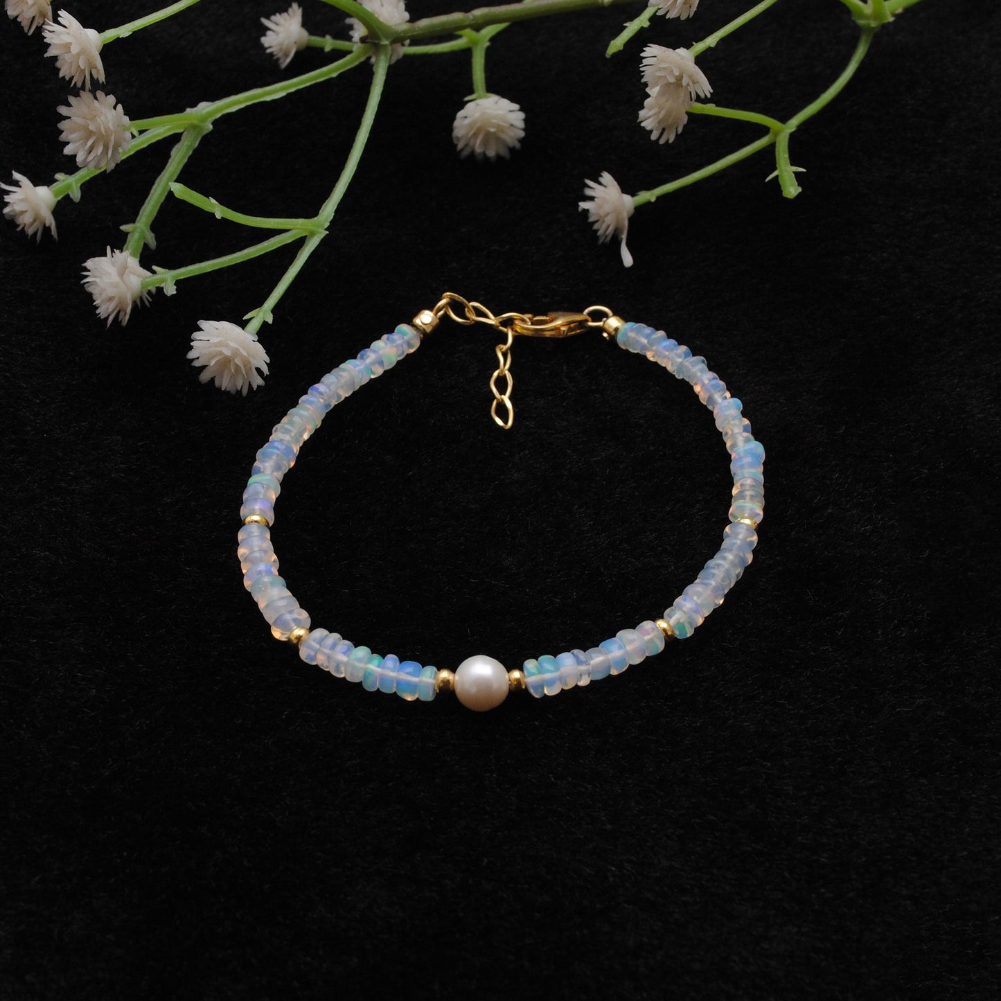 Ethiopian Opal & Pearl Beaded Bracelet, 925 Sterling Silver Jewelry. Gift for Her