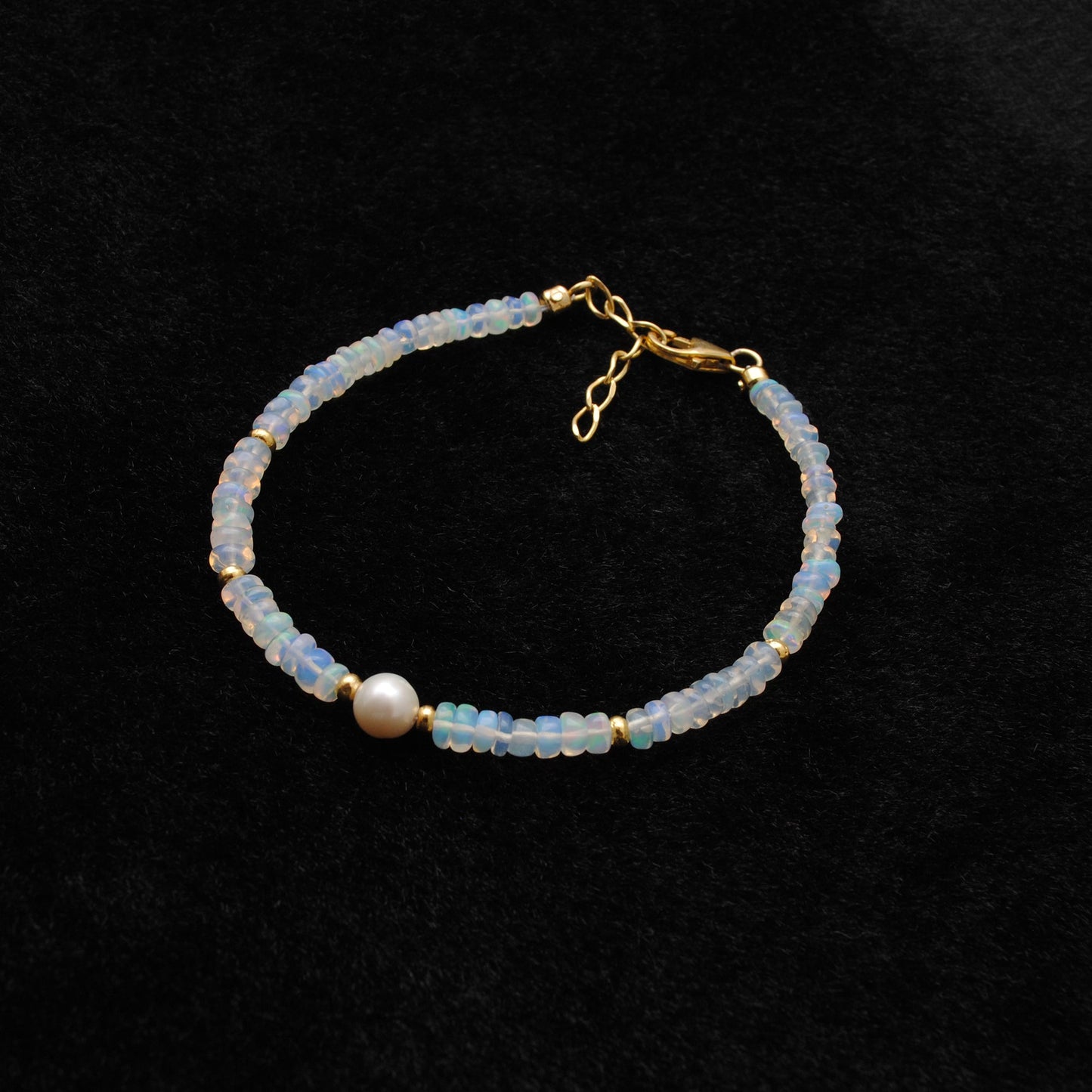 Ethiopian Opal & Pearl Beaded Bracelet, 925 Sterling Silver Jewelry. Gift for Her