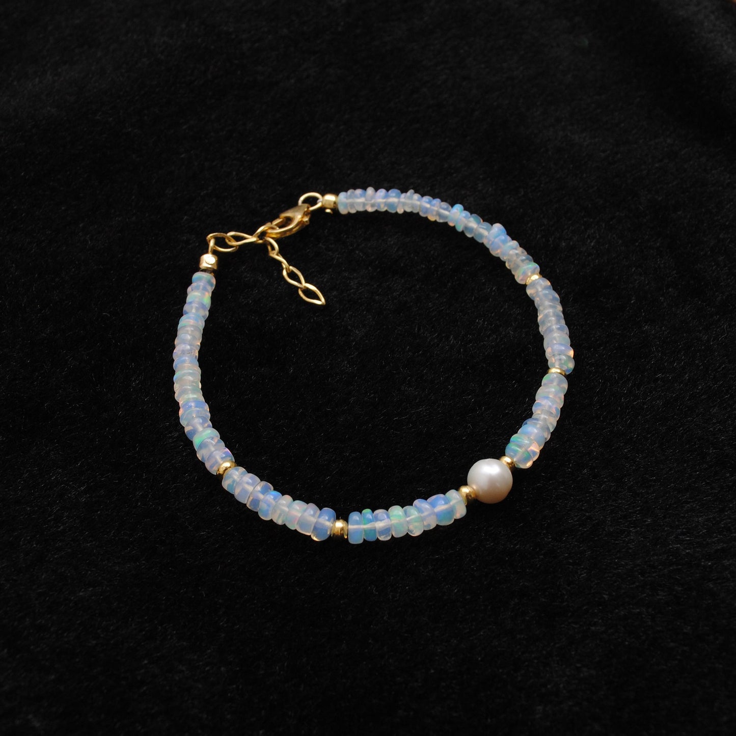 Ethiopian Opal & Pearl Beaded Bracelet, 925 Sterling Silver Jewelry. Gift for Her