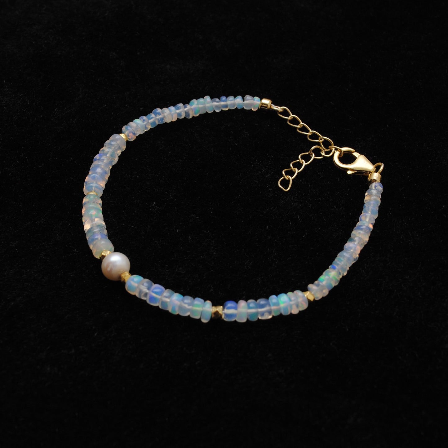 Handmade 8-Inch Silver Bracelet 4mm Natural Ethiopian Opal Beads 6mm Freshwater Pearls