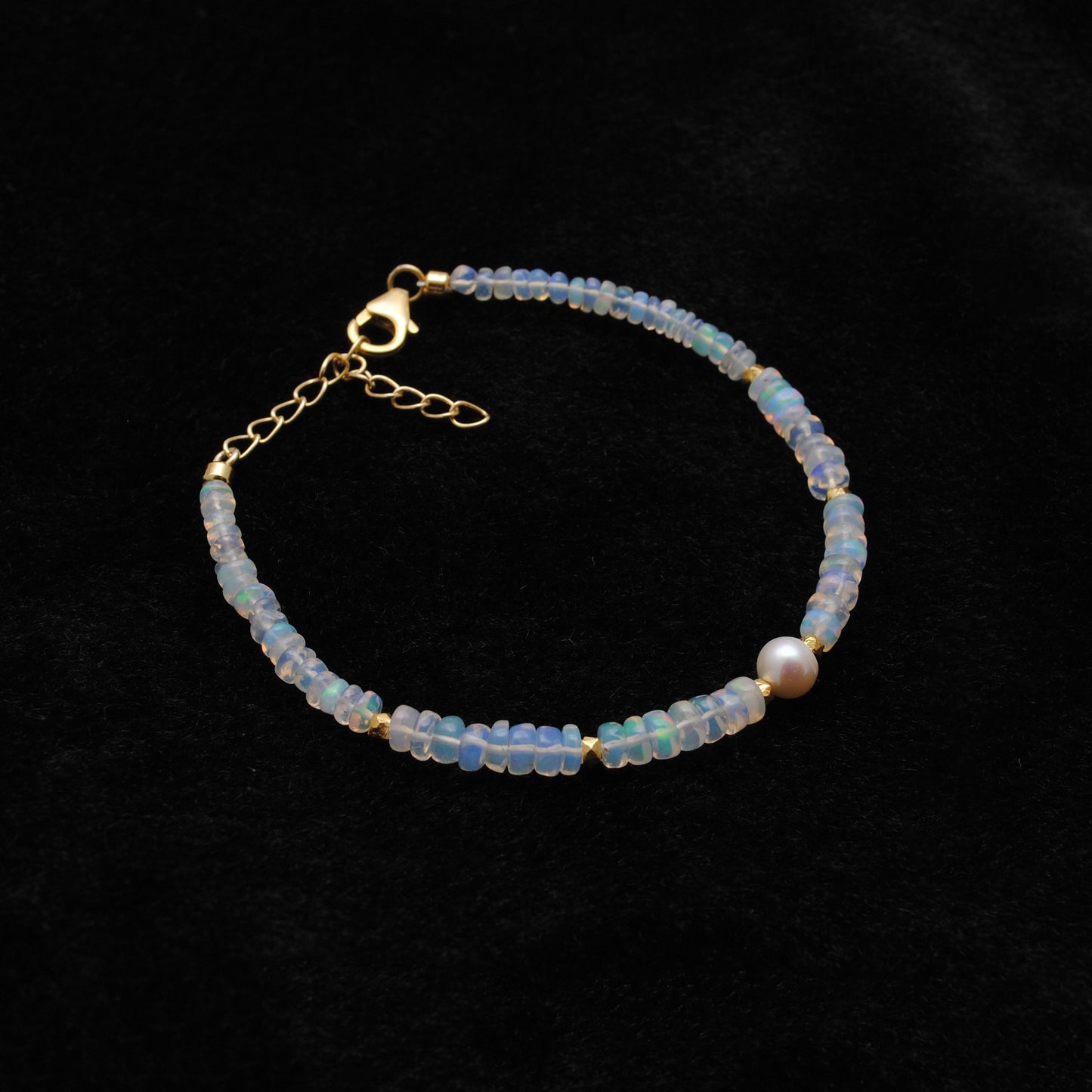 Handmade 8-Inch Silver Bracelet 4mm Natural Ethiopian Opal Beads 6mm Freshwater Pearls
