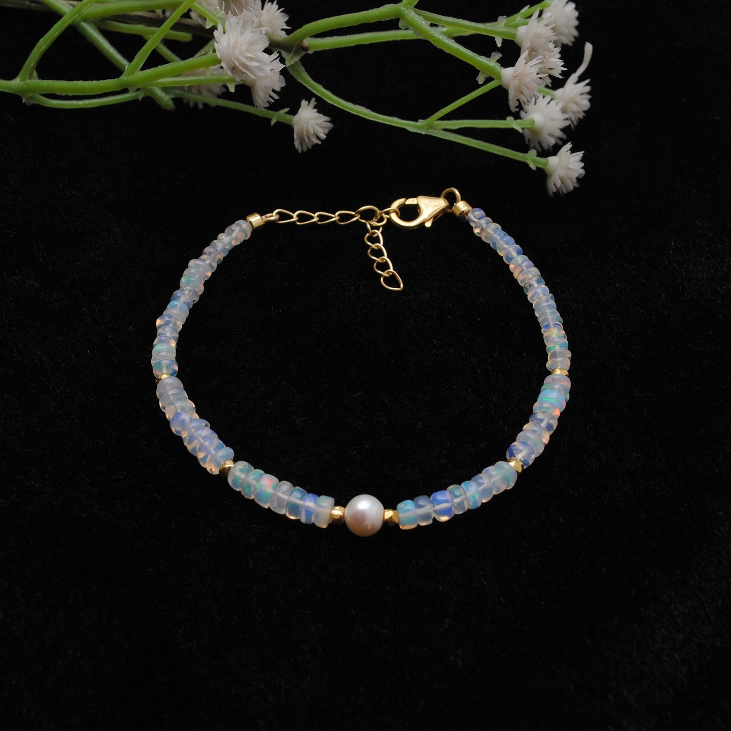 925 Sterling Silver Ethiopian Opal & Pearl Beaded Bracelet
