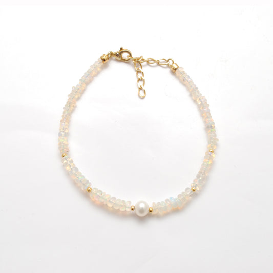 Natural Ethiopian Opal Rondelle 4mm Faceted Beads with 6mm Pearl Bracelet - view 3