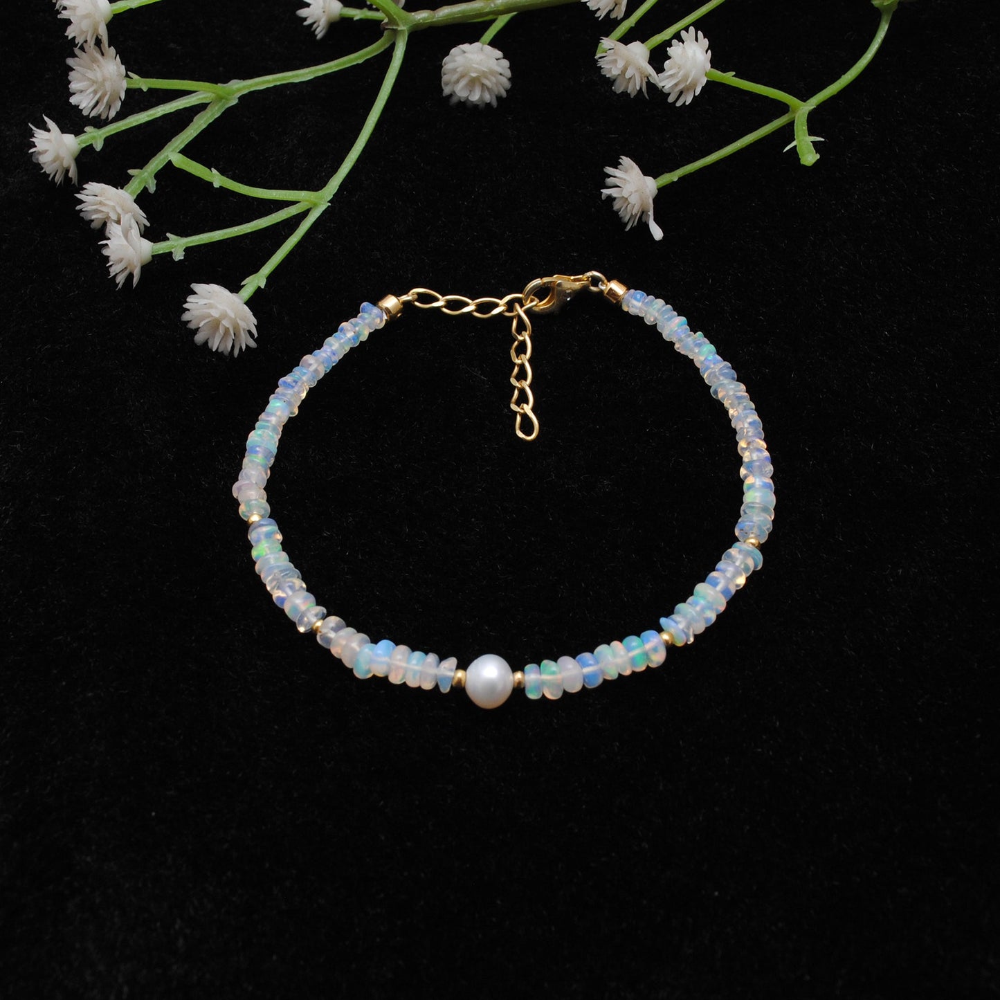 925 Sterling Silver Ethiopian Opal & Pearl Bracelet – 8 Inch Natural Gemstone Jewelry Gift