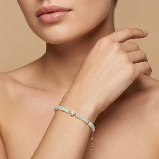 Natural Ethiopian Opal Rondelle 4mm Faceted Beads with 6mm Pearl Bracelet