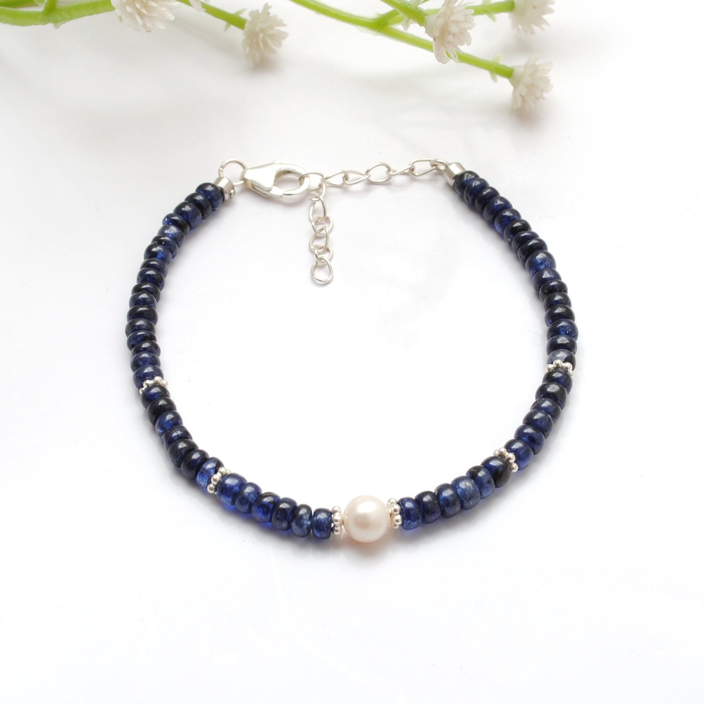 Natural Blue Sapphire Pearl Beaded Bracelet – 8" Long