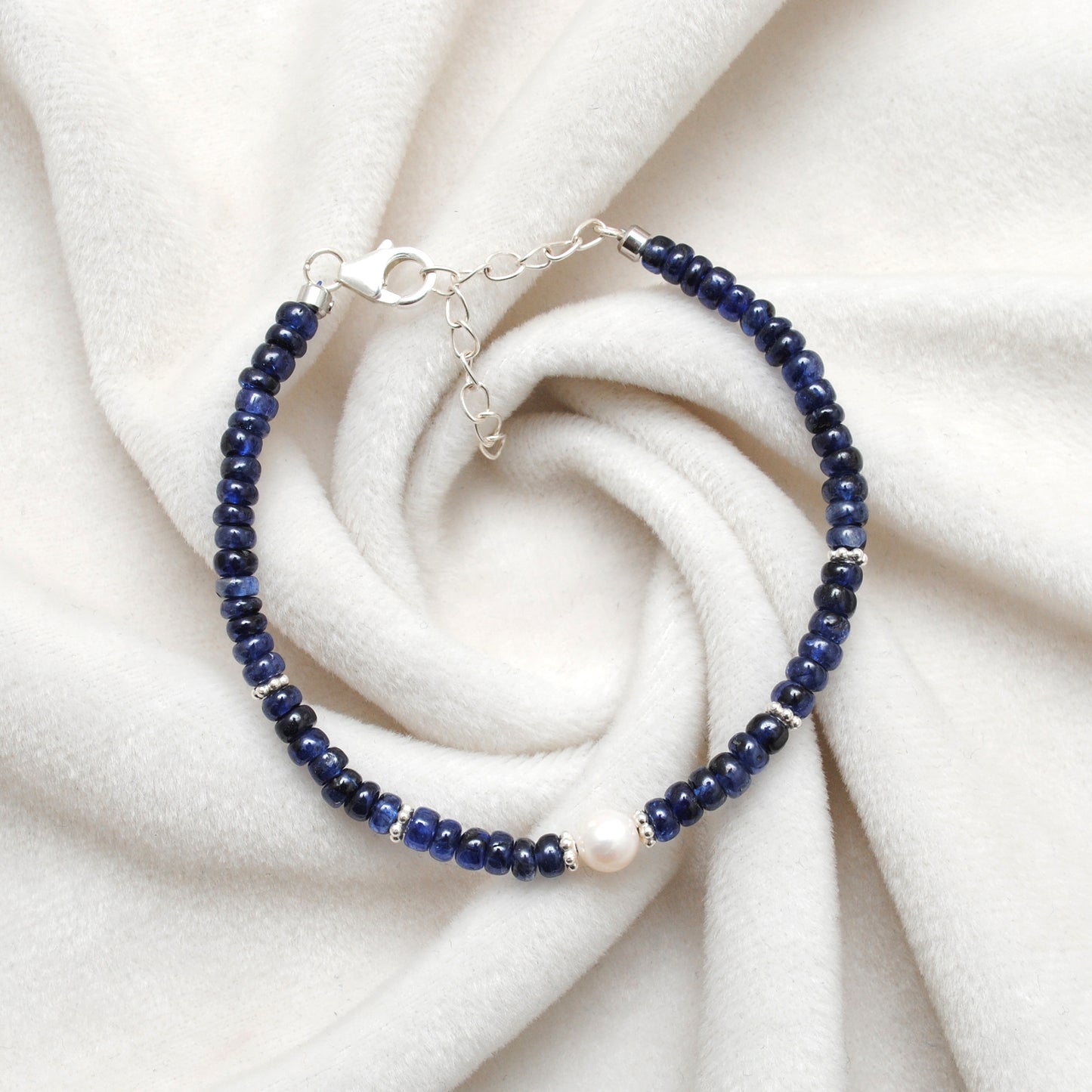 Natural Blue Sapphire Pearl Beaded Bracelet – 8" Long